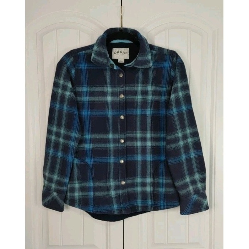 Orvis Fleece Lined Flannel Shacket Navy Plaid Snap Front Womens Small Outdoor